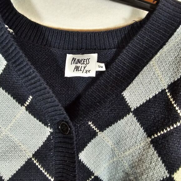Princess Polly Blue White Chunky Knit Cropped Cardigan S/M Sweater N1 Gently Use - Picture 6 of 12